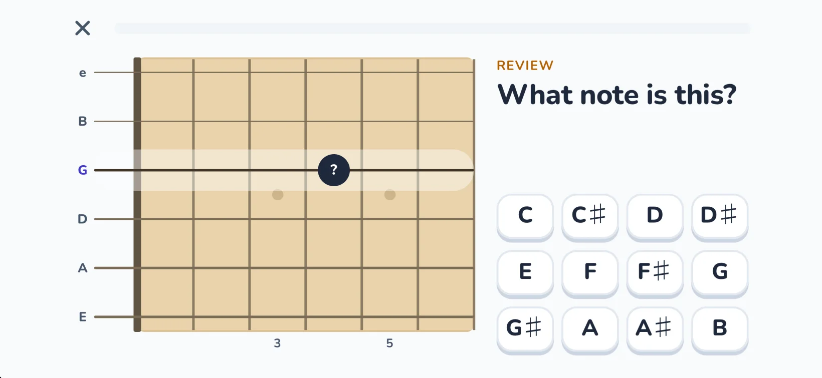 Fretboard Trainer asking “What note is this?” for a marked spot on the G string.
