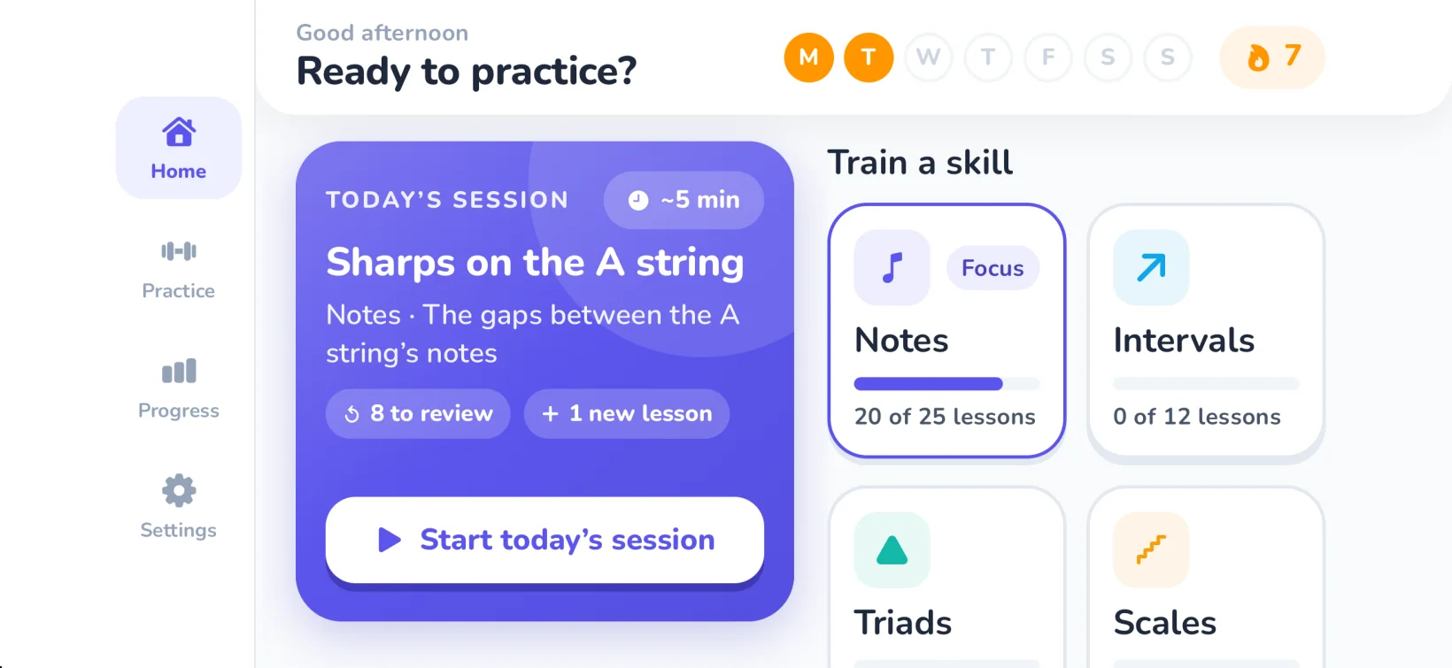 The home screen: today’s session, about five minutes, with notes to review and a new lesson.