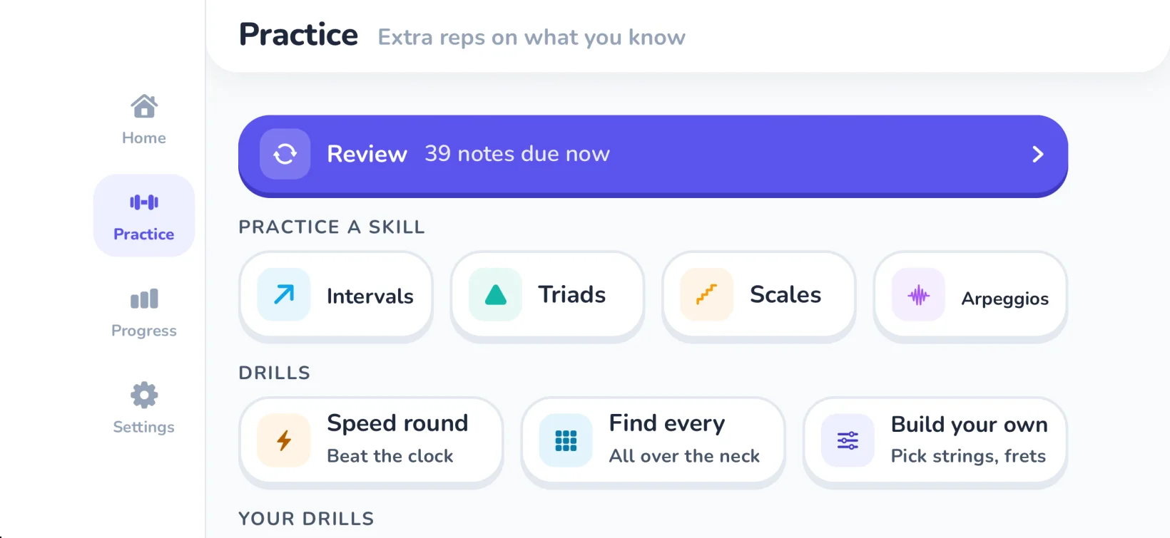 The practice screen: review, skill practice, Speed Round, Find Every and Build your own.